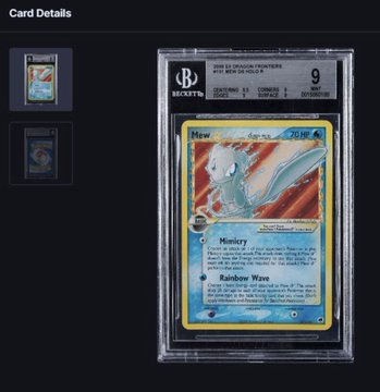 A Pokémon trading card details page displays a graded 1999 Dragon Frontiers 'Suicune' holo card with a grade of 9 from Beckett Grading Services (BGS).