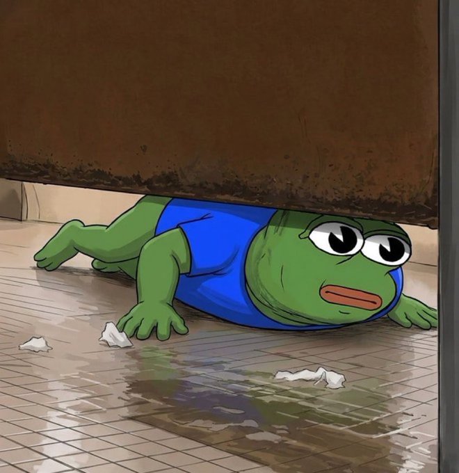A cartoon drawing of a Pepe the Frog character wearing a blue shirt, lying on a tiled floor and hiding under a brown surface next to a puddle of water and some crumpled paper.