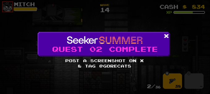 A video game screenshot displays a purple popup reading "Seeker SUMMER QUEST 02 COMPLETE" alongside instructions to "POST A SCREENSHOT ON X & TAG @GORECATS." The HUD shows player "MITCH" with 14 waves survived, $834 cash, and inventory including a flask at 2/36 and an item at 3$, matching the poster's claim of hitting wave 15 in the Gorecats game on the Seeker device.