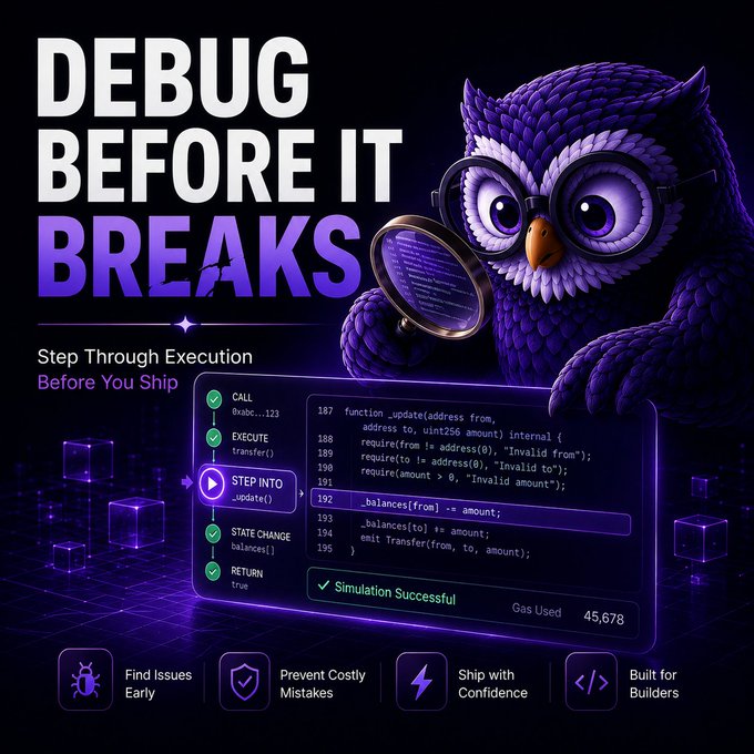A purple cartoon owl wearing glasses holds a magnifying glass alongside the headline "DEBUG BEFORE IT BREAKS" and a code snippet showing a step-through execution feature with "Simulation Successful" and "Gas Used 45,678," visually reinforcing Sentio's pre-launch debugging message that helps developers trace transactions and catch errors before deployment.