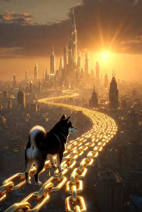 The image features a dog standing on a chain that leads up to a city skyline at sunset, with the sun setting behind the buildings. The dog appears to be looking out over the city from its elevated position. The caption of the image reads "MANYU is turning viral fame into a real, expanding ecosystem. Manyu - the black & white Shiba Inu with tens of millions of followers — already delivers massive organic attention. The team is executing the roadmap to build long-term value around it."