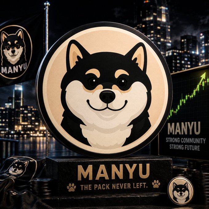 A promotional graphic for the 'MANYU' cryptocurrency, featuring a circular Shiba Inu dog emblem, the slogan 'THE PACK NEVER LEFT.', and a rising green stock chart in the background.