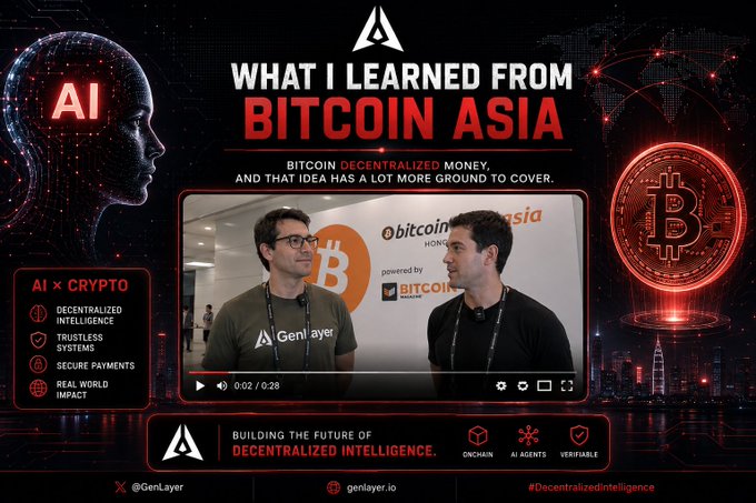 A promotional graphic titled 'What I Learned From Bitcoin Asia' featuring GenLayer, with an embedded video of two men at the Bitcoin Asia Hong Kong conference and a Bitcoin coin graphic.