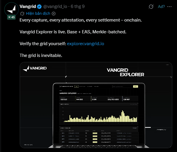 A Twitter/X post from Vangrid (@vangrid_io) announcing that Vangrid Explorer is live, with the text 'Every capture, every attestation, every settlement — onchain' and a preview image of the Vangrid Explorer dashboard showing capture data.
