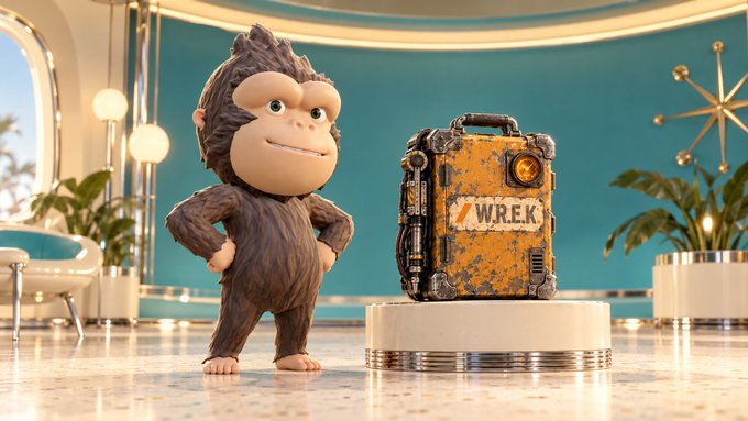 A 3D animated scene with a furry brown monkey-like character standing next to a worn yellow suitcase labeled "WREK" in a stylish room.