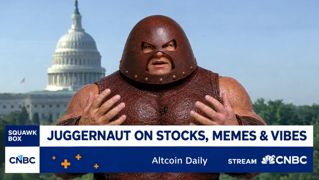 A news broadcast screenshot shows a character in a large helmet resembling Juggernaut in front of the U.S. Capitol building, with the chyron reading 'JUGGERNAUT ON STOCKS, MEMES & VIBES' on Squawk Box CNBC.