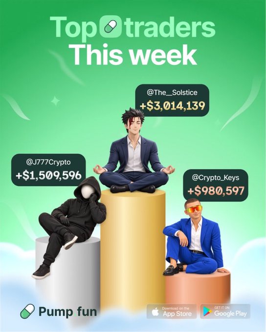 A Pump.fun promotional graphic for 'Top traders This week' showing three traders (@The_Solstice +$3,014,139, @J777Crypto +$1,509,596, @Crypto_Keys +$980,597) on a podium.