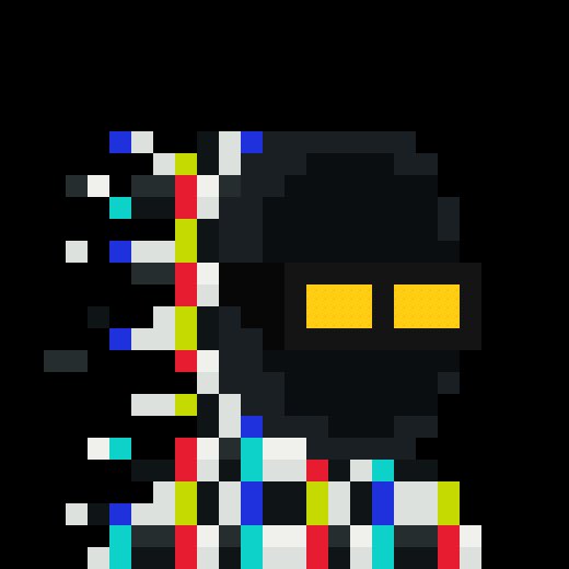 A pixelated, abstract character or sprite composed of colorful blocky squares (blue, red, yellow, cyan, and white) on a black background with two orange rectangular "eyes." The image appears to be a generative or collectible NFT-style artwork, likely representing the "rare" zkSNARK item referenced in the post.