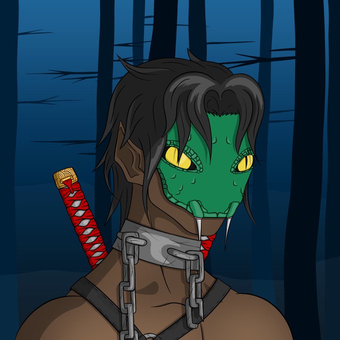 An illustration of an anime-style character with dark hair, yellow eyes, and a green reptilian mask, wearing a metal chain collar and carrying a katana in a dark forest setting.