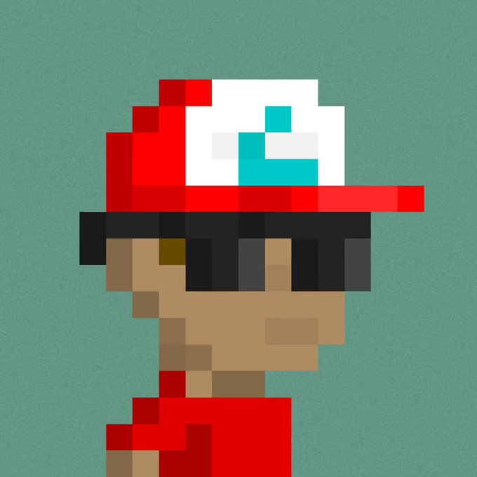 A pixel art style profile of a person with dark skin wearing a red and white cap with a teal 'C' logo and a red shirt, set against a teal background.