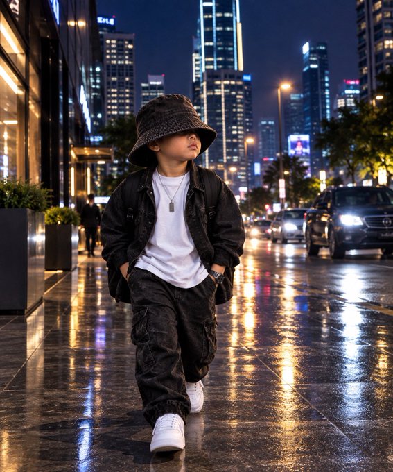 A young child walks down a wet city street at night, wearing a black bucket hat, a denim jacket over a white shirt, dark cargo pants, and white sneakers.