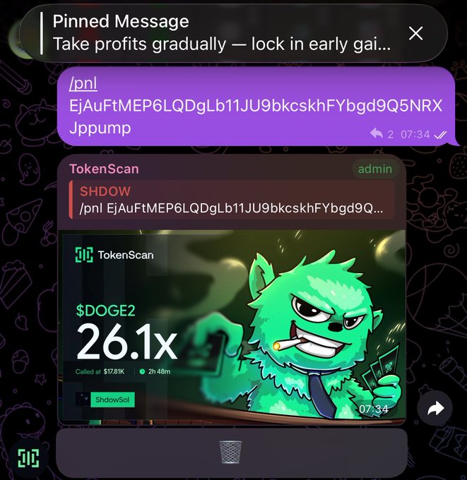 A Telegram chat screenshot showing a pinned message 'Take profits gradually — lock in early gai...' along with a TokenScan message displaying $DOGE2 with a 26.1x return, called at $17.91K.