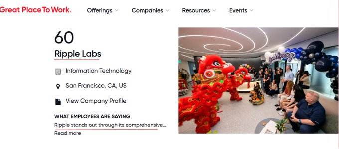 Great Place To Work features Ripple Labs with a ranking of 60 in the Information Technology category, located in San Francisco, CA, US, alongside an image of employees celebrating with a traditional Chinese lion dance performance, reflecting the company's vibrant company culture central to its recognition on Fortune's 2026 Best Medium Workplaces list.