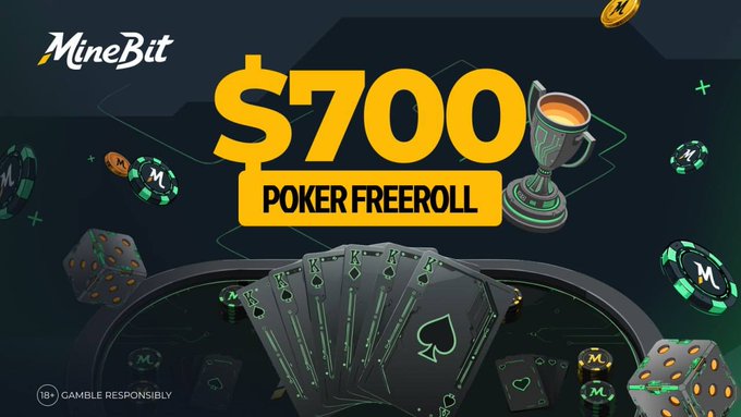 A promotional banner for MineBit advertising a $700 Poker Freeroll, featuring poker cards, dice, chips, and a trophy on a dark background with the gambling responsibly notice.
