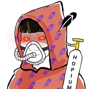 A cartoon drawing of a hooded character with glowing red eyes, an oxygen mask, and an IV labeled 'HOPIUM' attached to their arm.