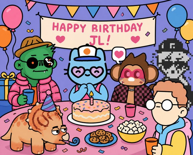 A colorful cartoon illustration of a 'HAPPY BIRTHDAY JL!' party scene featuring a green zombie, a blue heart-eyed cat, a brown monkey, a human character, and a cat wearing a party hat gathered around a birthday cake.