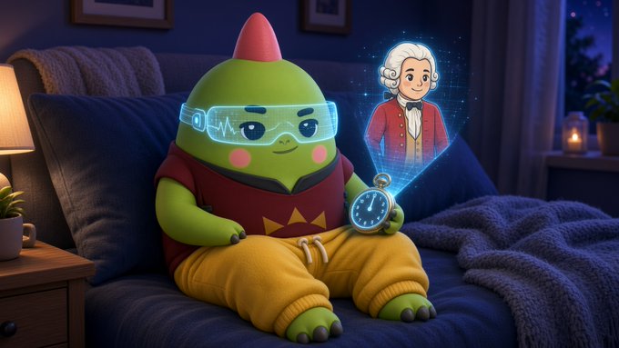 An illustration of a green dinosaur-like character wearing VR goggles and holding a pocket watch, while a holographic projection of a man in 18th-century attire appears above it in a cozy bedroom setting.