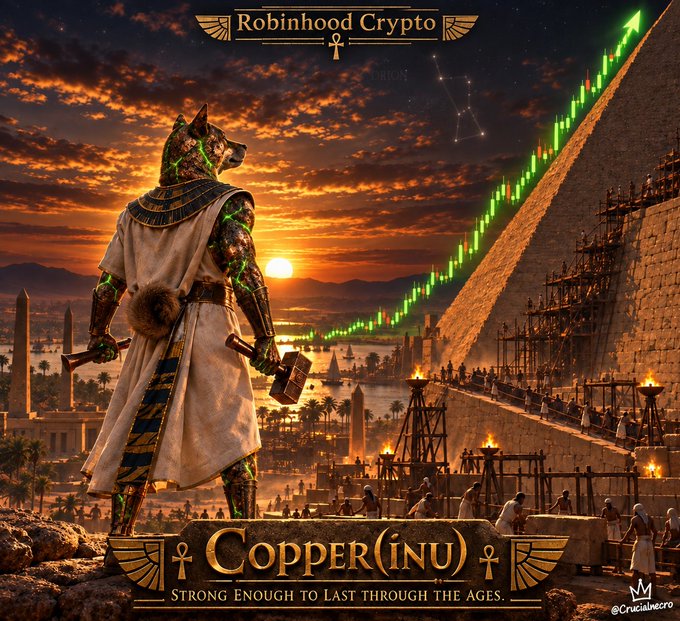 A crypto promotional graphic for 'Copper (INU)' styled after ancient Egypt, featuring an anubis-like figure holding a hammer with a rising green stock chart and the text 'Strong enough to last through the ages.'