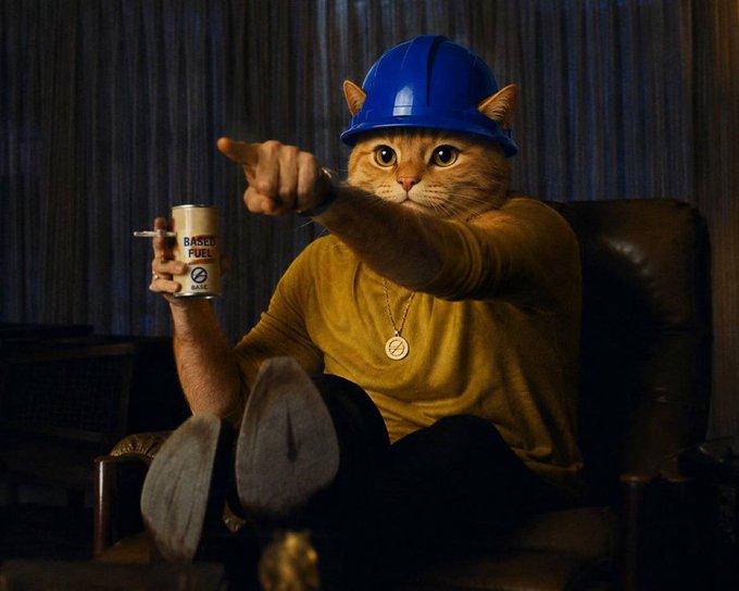 A muscular figure with a cat's head wears a blue hard hat and a gold medallion, lounging in a chair while pointing authoritatively and holding a mug labeled "BASED FUEL BASE." The image humorously reinforces the post's message, pairing the "Based" branding with the cat mascot to project confidence about higher prices for the $BASECAT token.