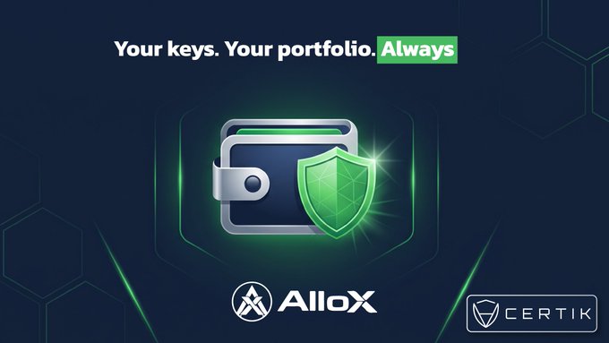A promotional graphic reading 'Your keys. Your portfolio. Always' featuring a wallet and shield icon, with 'AlloX' and 'CERTIK' logos displayed.