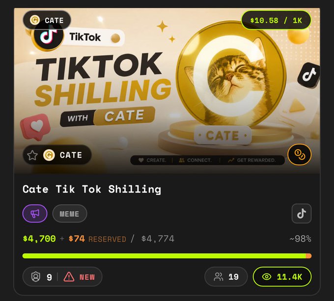 A meme coin called 'Cate' on TikTok Shilling shows a price of $10.58 with $4,700 raised of a $4,774 goal at 98% completion.
