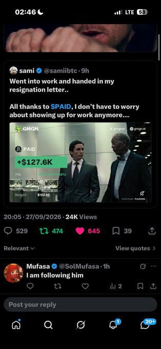 A Twitter/X post by 'sami' (@samiibtc) saying 'Went into work and handed in my resignation letter.. All thanks to $PAID, I don't have to worry about showing up for work anymore.' with an image showing +$127.6K.