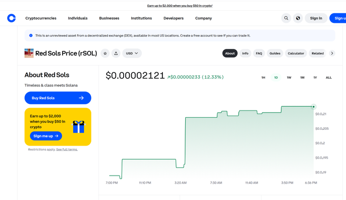 A Coinbase price page for Red Sols Price (rSOL) showing a current price of $0.00002121, up 12.33%, with a green price chart displayed below.