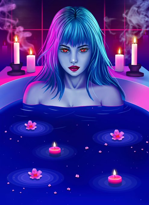 A digital illustration of a pale, blue-skinned woman with glowing red eyes sitting in a dark pool of water surrounded by lit candles and pink flowers.