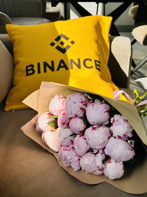 A bouquet of pink peonies rests beside a yellow Binance-branded pillow, blending financial branding with elegant decor to visually echo the post's message that Binance represents both power and refined lifestyle.