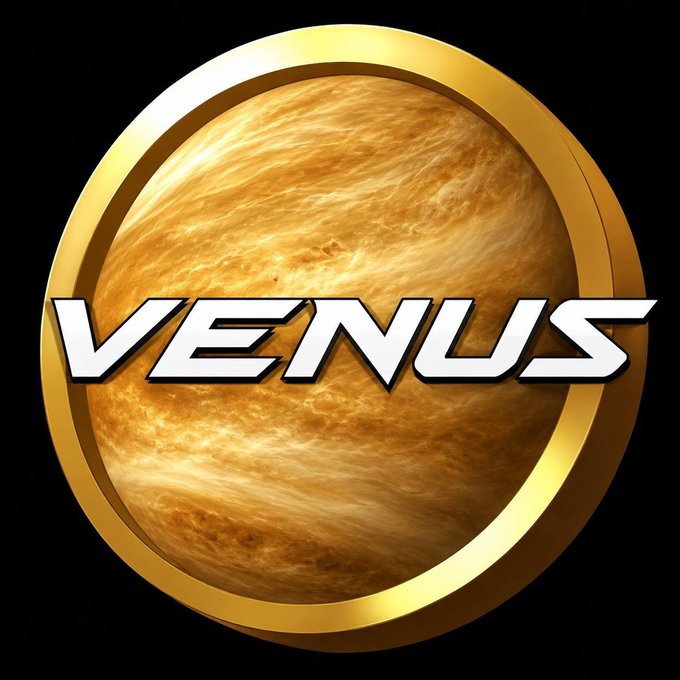 The image displays a golden circular emblem featuring the planet Venus with the word "VENUS" prominently written across it in bold white letters, set against a black background. This represents "Venuscoin," the cryptocurrency associated with the wallet address belonging to YiHe, as referenced alongside CZ's MarsCoin in the post.