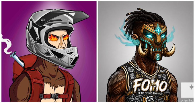 This image showcases a side-by-side comparison of two digital art pieces, likely NFTs, with one character featuring a motocross helmet and a bong, and the other wearing a tribal mask. The post highlights an upcoming art upgrade for @puffsterznfts, indicating this is a "before and after" preview of their artwork.