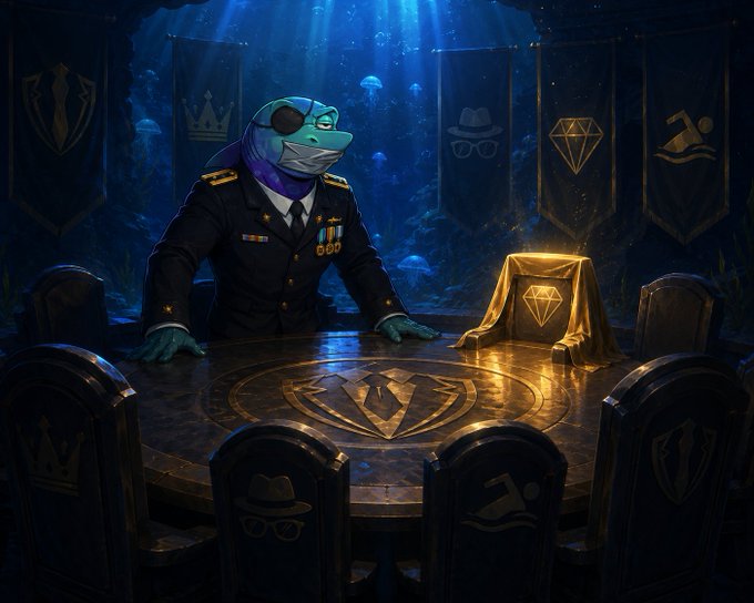 Digital artwork depicting a fish character in a military uniform with medals, sitting at a round table with a diamond emblem, wearing an eyepatch, with banners showing various icons in the background.