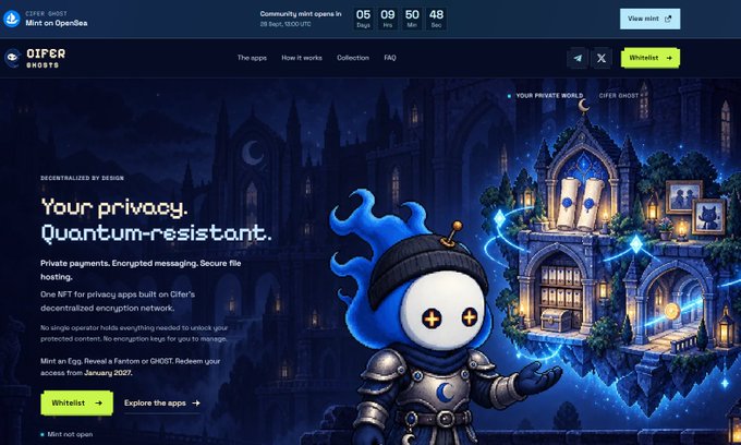 A promotional landing page for the QIFER Ghosts Mint on OpenSea, highlighting a quantum-resistant privacy app and a countdown timer.