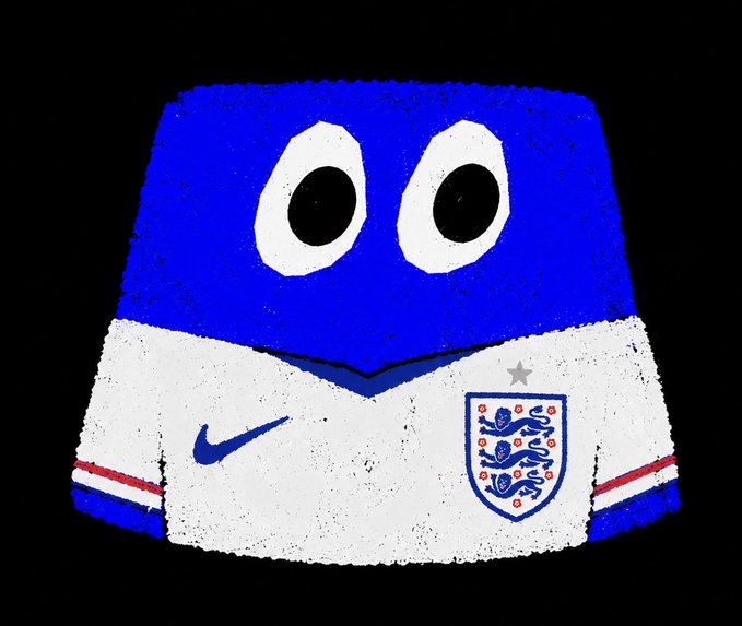 The image features a blue and white character, likely representing an England soccer team's mascot or player, wearing a jersey with the country's emblem. The character appears to be smiling and has two eyes, giving it a friendly and approachable demeanor. The background of the image is black, which contrasts with the vibrant colors of the character and draws attention to its features. The caption provided in the image seems to be related to the soccer team or the character itself, possibly discussing upcoming matches or sharing information about the team's activities on social media platforms like Twitter.