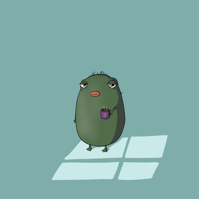 A tired, grumpy-looking cartoon pickle holds a steaming purple mug while standing on a tiled floor, capturing the perfect "good morning" mood that pairs with the upbeat "GM frens 🤎" greeting.