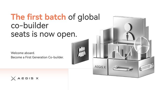 A promotional graphic announcing that "The first batch of global co-builder seats is now open," featuring a 3D silver briefcase labeled "AEGIS X" filled with business-themed icons (a person in a suit, pie chart, bar graph) and an icon of three people, with the tagline "Welcome aboard. Become a First Generation Co-builder" alongside the AEGIS X logo—visually reinforcing the post's call for early contributors to help shape the future of AI × DeFi × USD1.