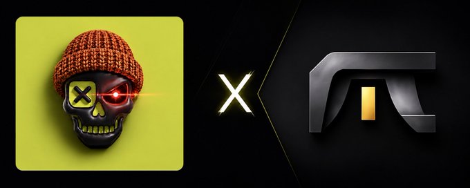 A promotional collaboration graphic featuring a skull character wearing an orange beanie on a yellow background on the left, paired with a stylized metallic "AT" logo on the right, separated by a glowing "X" symbol. The image visually announces a partnership between the two entities, matching the caption's mention of a collaboration with @RobinWifHat.