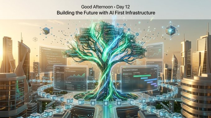 A futuristic digital artwork titled 'Good Afternoon • Day 12 - Building the Future with AI First Infrastructure' showing a glowing tech tree surrounded by data dashboards and a city skyline.