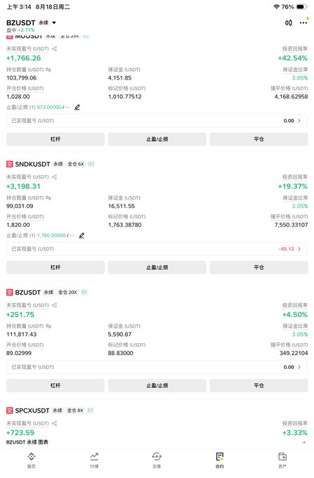 Screenshot of a Chinese trading app (BZUSDT) displaying multiple commodity futures positions including crude oil (BZ.USDT) up 4.50% and Bitcoin (BTC.USDT) up 1,766.26, with the poster encouraging traders to short crude oil following a Trump-related price surge, as shown in the highlighted oil positions with notable unrealized gains and holding quantities.