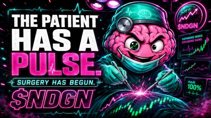 A vibrant neon-themed promotional graphic for the $NDGN memecoin features a cartoon brain in surgical scrubs wielding medical tools, alongside bold text reading "THE PATIENT HAS A PULSE" and "SURGERY HAS BEGUN," with trading charts showing "PULSE 100%" and "EXPANDING MINDS: EXPLODING GAINS," visually reinforcing the post's announcement that NeuroDegen has launched on Solana via pump.fun.