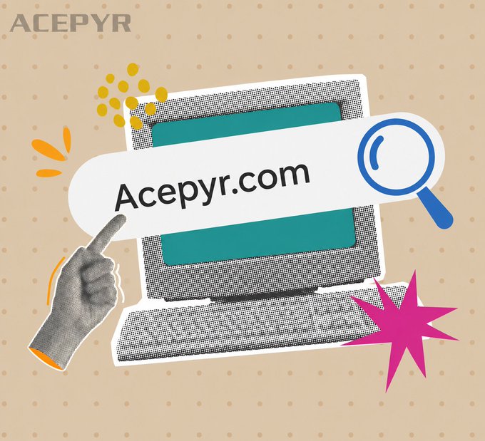 A collage-style graphic with a beige polka dot background, featuring a search bar displaying 'Acepyr.com', the 'ACEPYR' logo, a pointing hand, a magnifying glass, and a pink star.