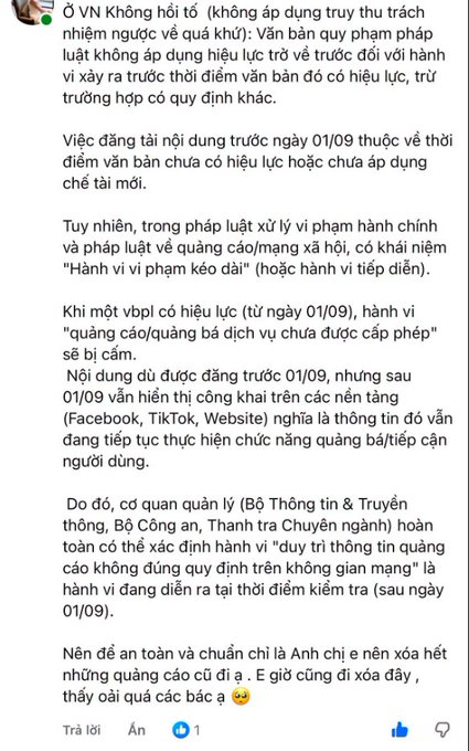 A Vietnamese Facebook comment replying to a user, discussing new regulations effective 01/09 regarding unlicensed advertising/social media services on platforms like Facebook, TikTok, and Website, advising caution about ongoing promotions and ending with a joking suggestion to delete ads, tagged at a user.