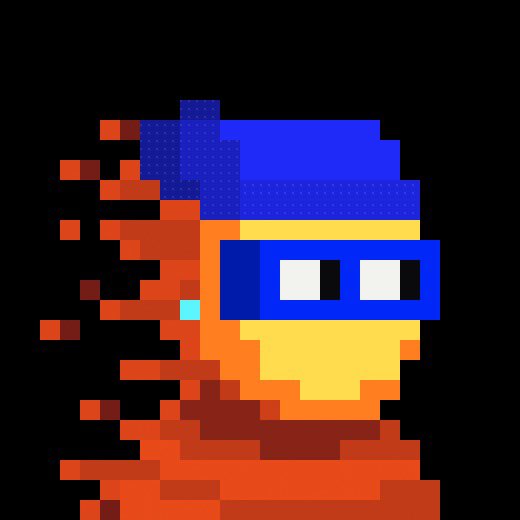 A pixel art character with a flame-like body, blue wrap headpiece, and cobalt visor appears to be disintegrating into orange and red particles on the left side, matching the "BLAZE" skin trait. A small cyan diamond stud is visible on its side, corresponding to the "DIAMOND STUD" accessory noted in the accompanying $ZEC-themed post.