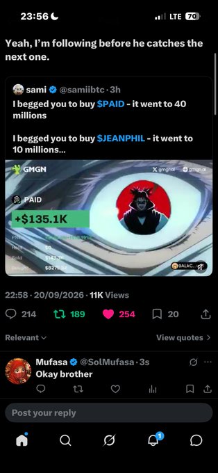 Twitter/X screenshot showing a post from user 'sami' (@samilbtc) referencing $PAID and $JEANPHIL, and a GMGN image showing +$135.1K, with a reply from 'Mufasa' (@SolMufasa) saying 'Okay brother'.