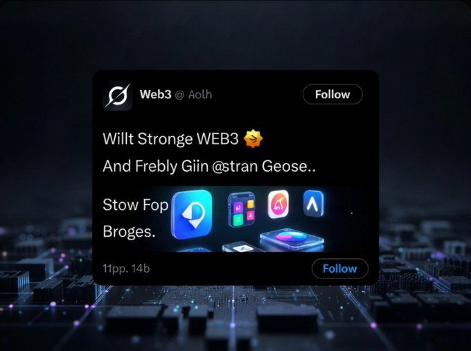 A dark-themed promotional graphic displays a social media post from Web3 (@Aolh) with garbled text reading 'Wilt Stronge WEB3' and 'Stow Fop Broges,' set against a circuit board background.