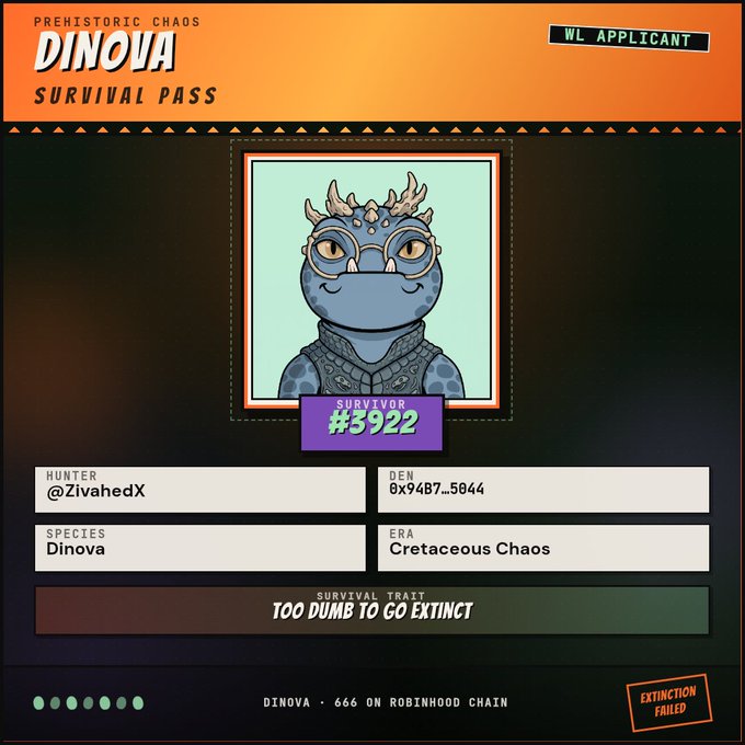 A digital 'DINOVA SURVIVAL PASS' for 'PREHISTORIC CHAOS' featuring a cartoon dinosaur-like creature labeled 'SURVIVOR #5922', with the hunter listed as '@ZivahedX', species 'Dinova', era 'Cretaceous Chaos', and a survival trait reading 'TOO DUMB TO GO EXTINCT'.