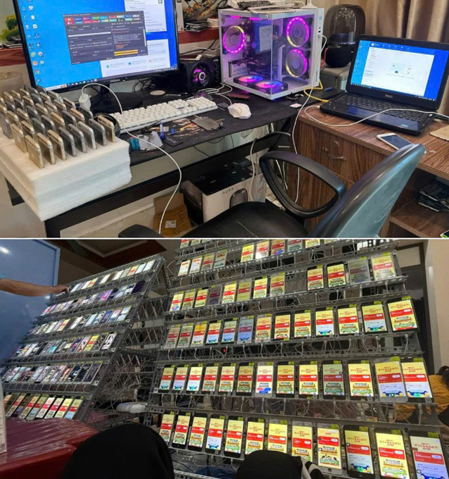 Two-part image showing a cryptocurrency mining setup: a desk with monitors and a gaming PC on top, and a large multi-tiered rack of mining rigs with colorful illuminated cards below.