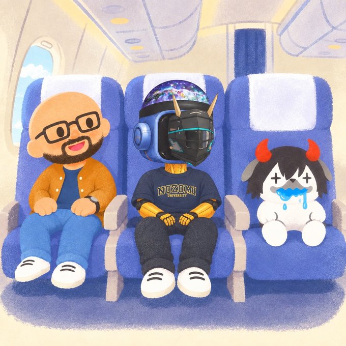 An illustration of three characters sitting in airplane seats: a bald man with glasses in a yellow jacket, a person in a helmet wearing a 'NOZOMI UNIVERSITY' sweatshirt, and a small white creature with red horns and X-shaped eyes drooling.