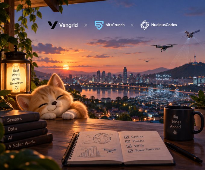 A promotional banner for Vangrid, bitsCrunch, and NucleusCodes featuring a sleeping kitten, books labeled 'Sensors', 'Data', 'AI', 'A Safer World', and a cityscape with drones at sunset.