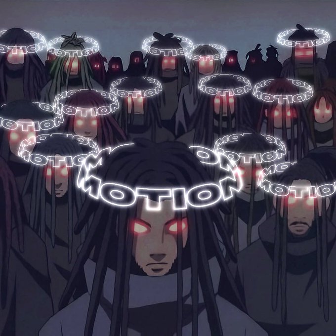 Anime-style digital art depicting a crowd of figures with glowing red eyes, each wearing a halo made of repeating "NOTION" text against a dark purple background, with one central character in the foreground.
